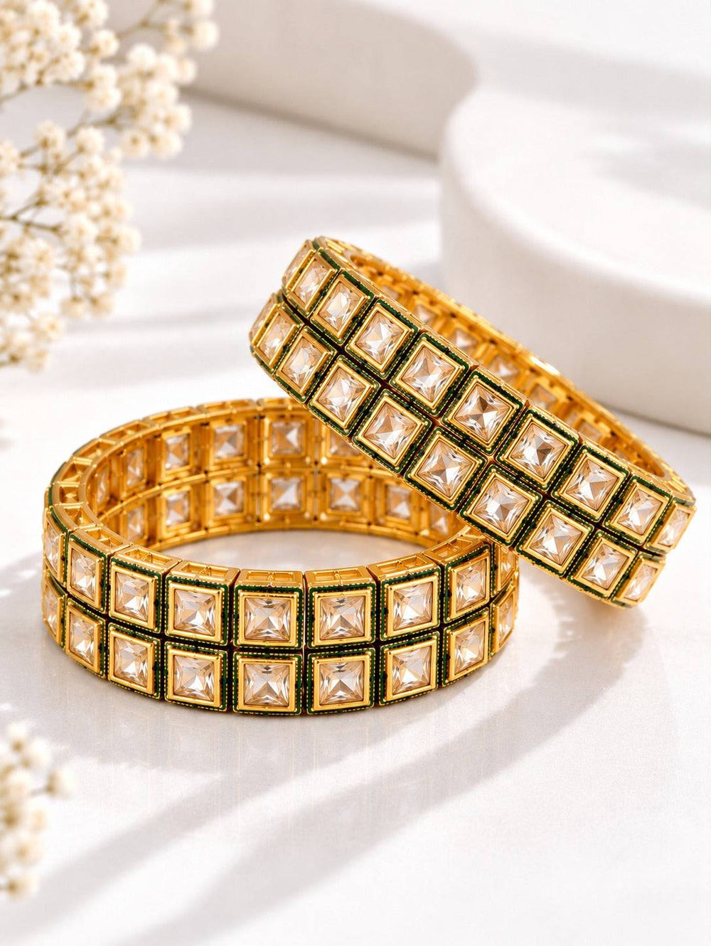 Polki Kundan Bangles with Green Borders | GG-09