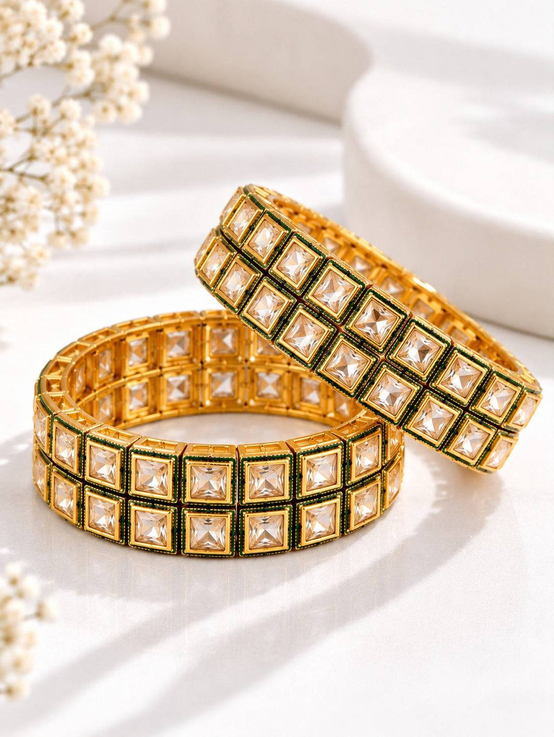 Polki Kundan Bangles with Green Borders | GG-09