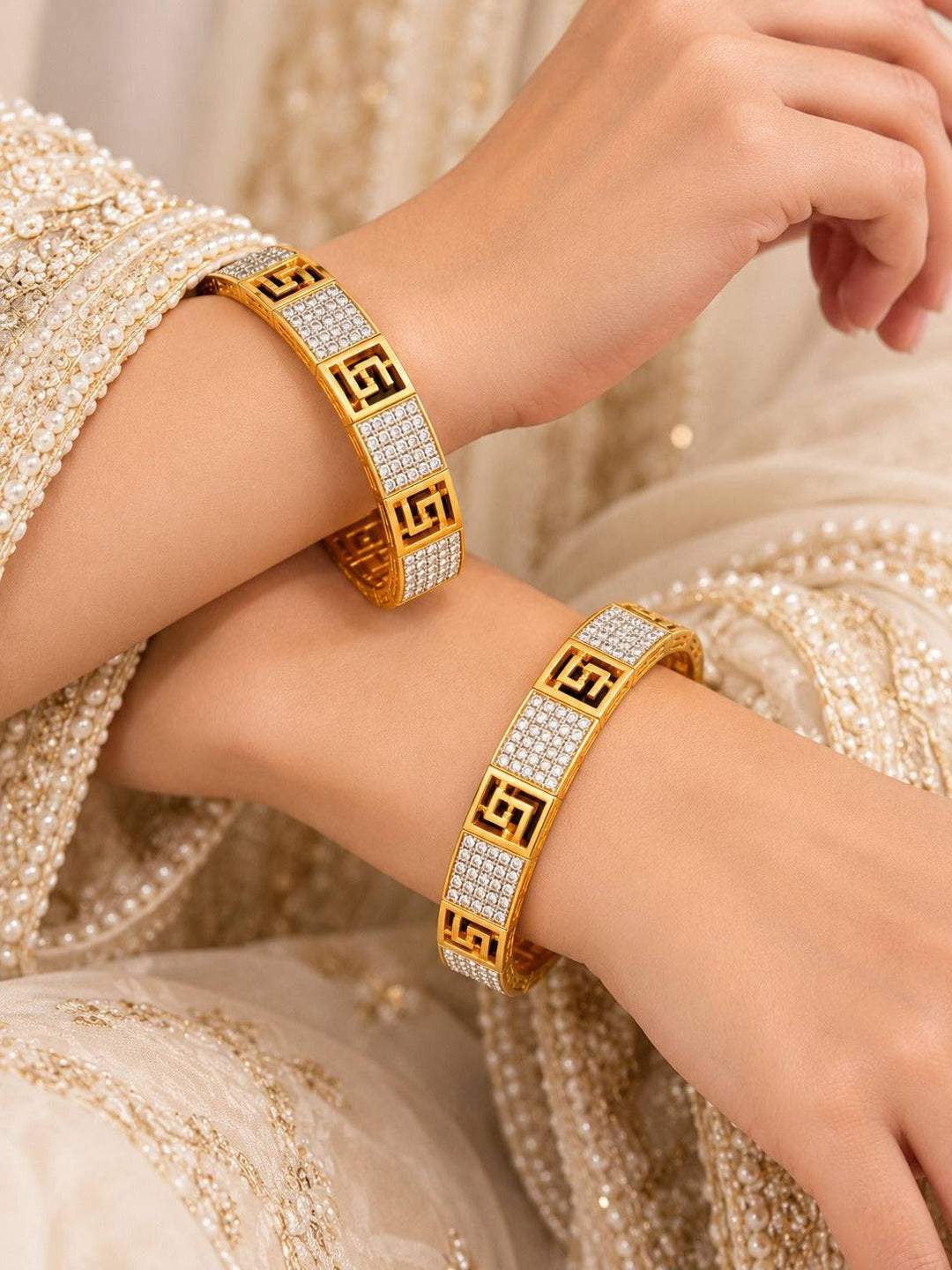 Gold Tone Geometric Bangle with Clear Stone Panels | GG-04