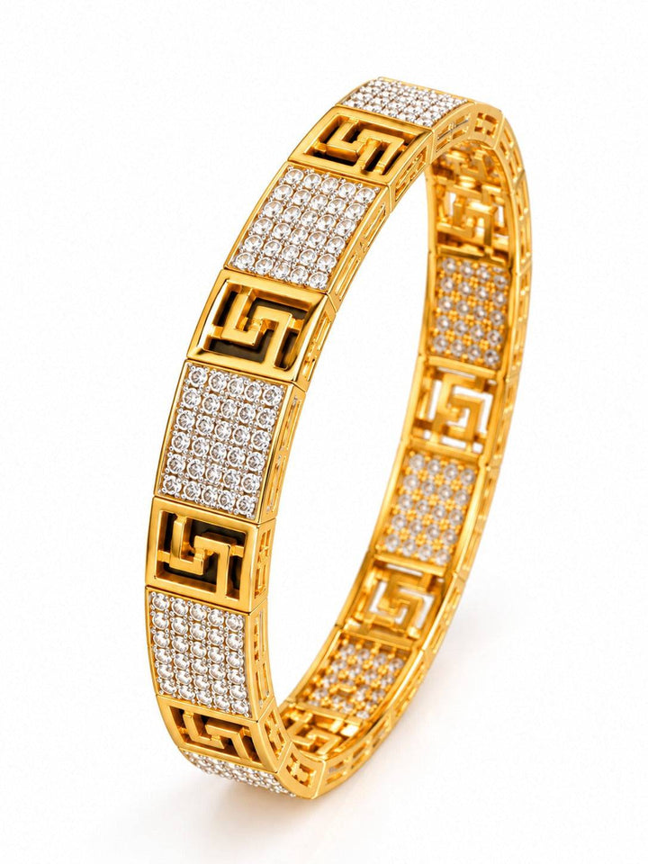 Gold Tone Geometric Bangle with Clear Stone Panels | GG-04