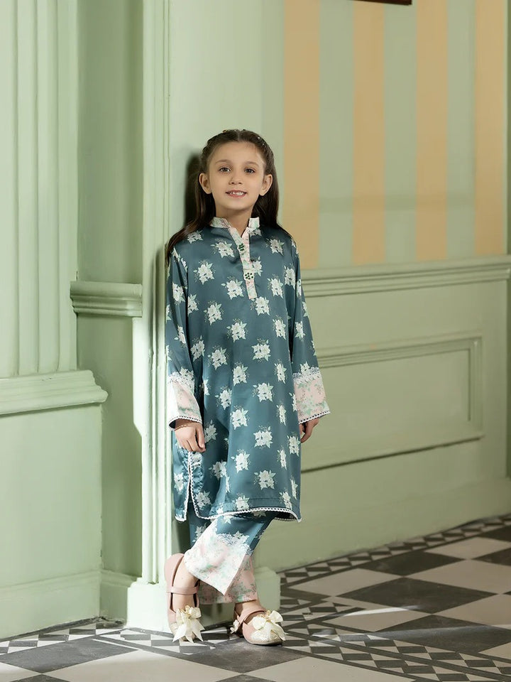 Rangreza Girl Silk 2 Piece in blue with floral print, traditional girl's clothing for casual wear