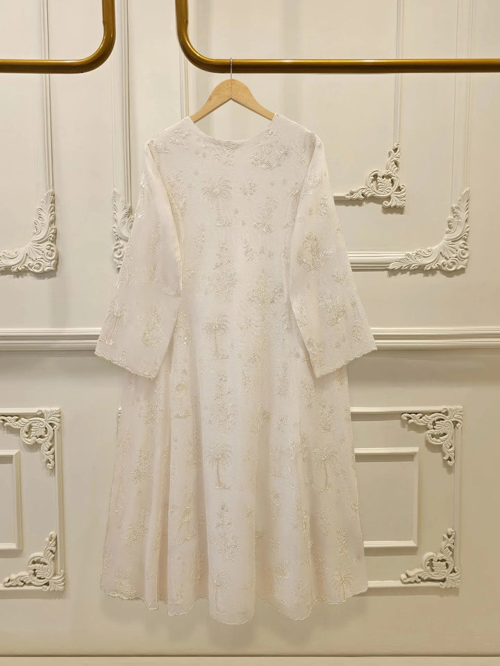 Back view of AGHA NOOR Cotton Net Suit - Pakistani Embroidered | 3 Pc showcasing delicate floral and palm tree embroidery on cotton net fabric.