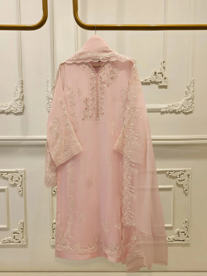 AGHA NOOR Embroidered Chiffon Suit - Dress featuring a pink chiffon shirt with intricate floral embroidery, paired with matching dupatta and pants.