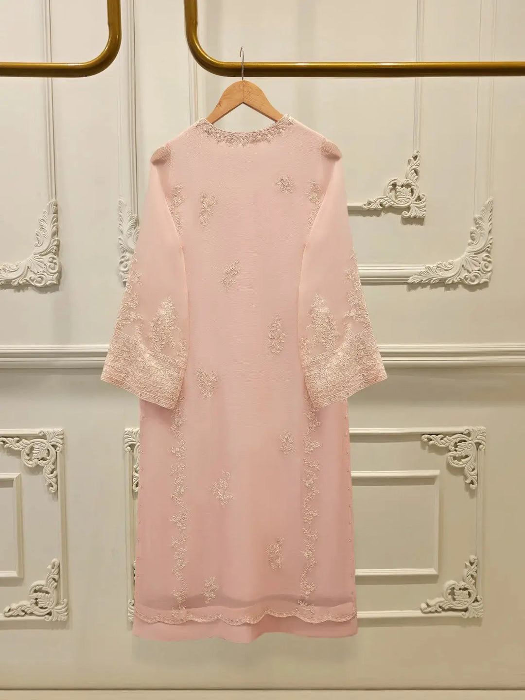 Back view of AGHA NOOR Embroidered Chiffon Suit - Dress showing delicate embroidery on the pink chiffon shirt for a graceful look.