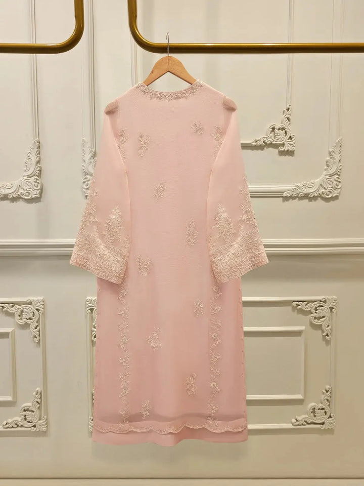 Back view of AGHA NOOR Embroidered Chiffon Suit - Dress showing delicate embroidery on the pink chiffon shirt for a graceful look.