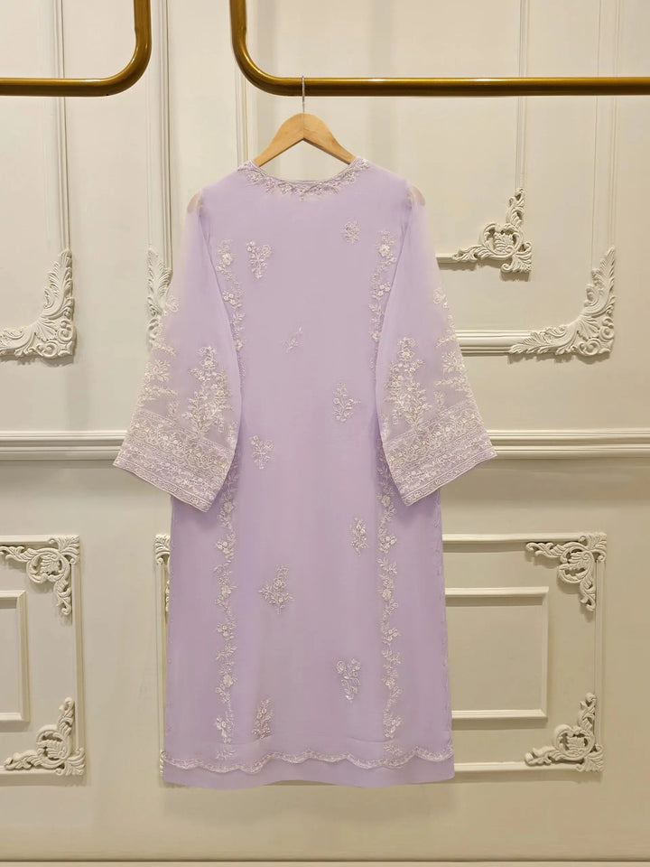 Back view of AGHA NOOR 3 Piece Pure Chiffon Embroidered Suit in lilac, showcasing intricate embroidery on sleeves and hem.