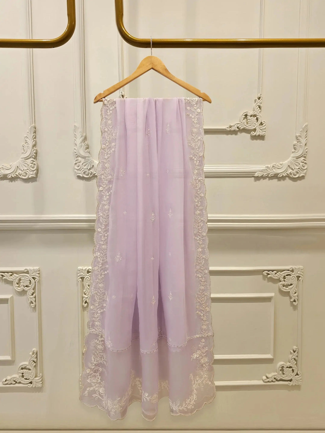 Chiffon dupatta from AGHA NOOR Embroidered Suit in lilac with delicate border embroidery and scattered floral motifs.