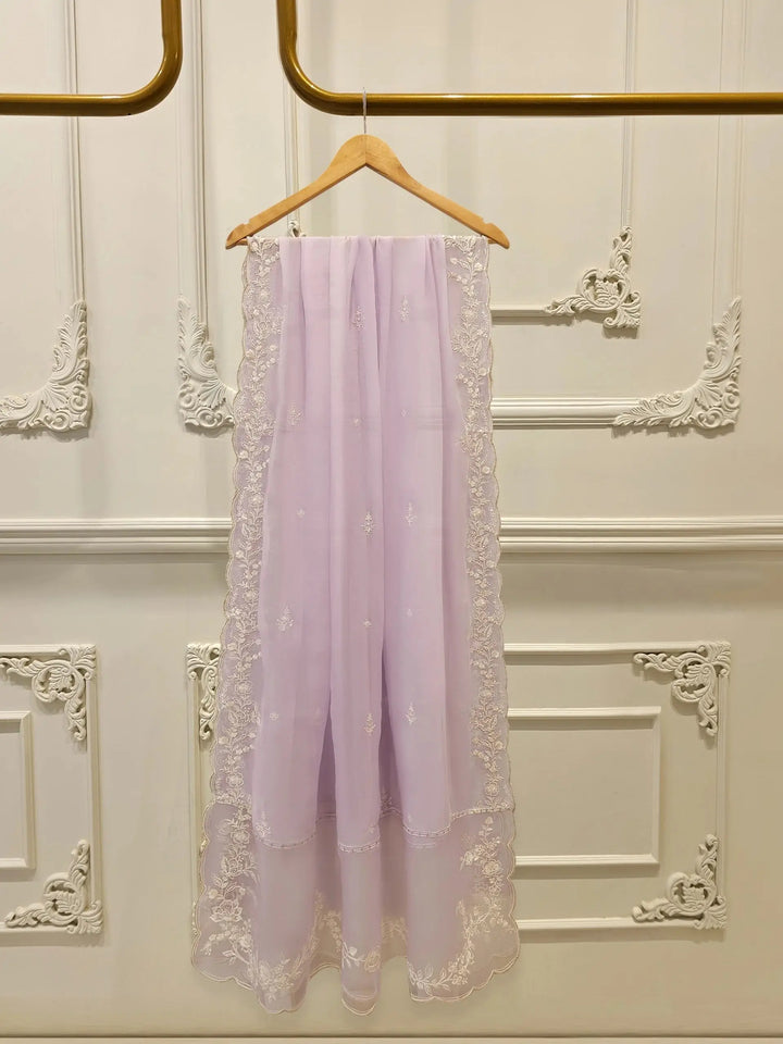 Chiffon dupatta from AGHA NOOR Embroidered Suit in lilac with delicate border embroidery and scattered floral motifs.