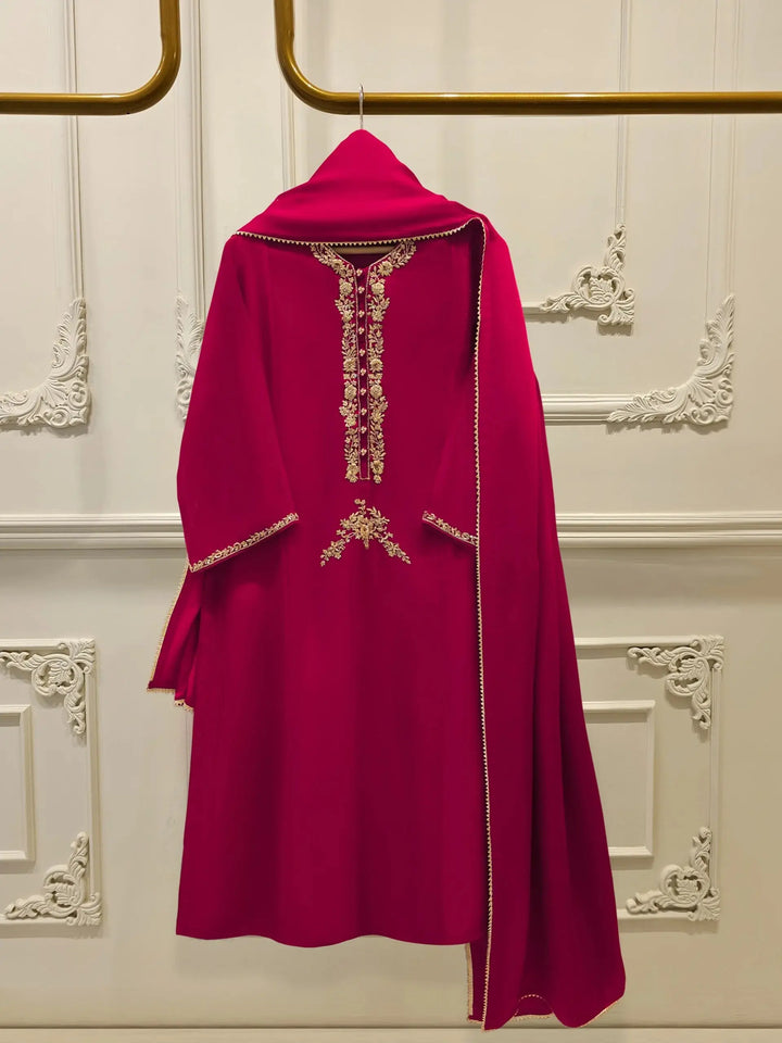 AGHA NOOR Suit - Pakistani Collection | Embroidered Cotton Net 3 piece suit in deep pink with gold embroidery on shirt front and dupatta.