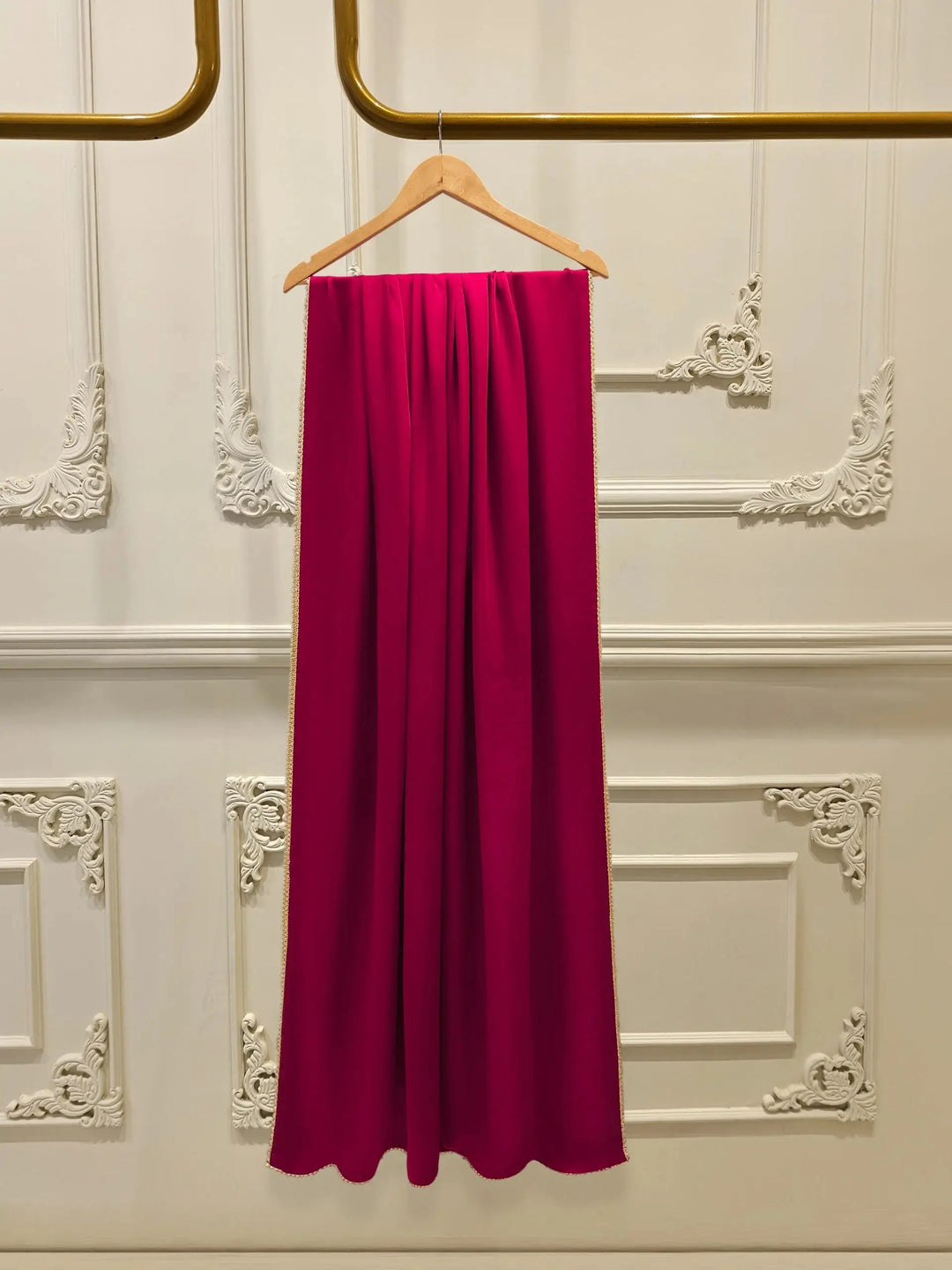 AGHA NOOR deep pink silk dupatta with scalloped gold trim, part of 3 piece embroidered cotton net Pakistani suit collection.