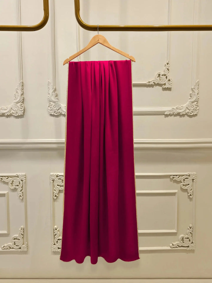 AGHA NOOR deep pink silk dupatta with scalloped gold trim, part of 3 piece embroidered cotton net Pakistani suit collection.