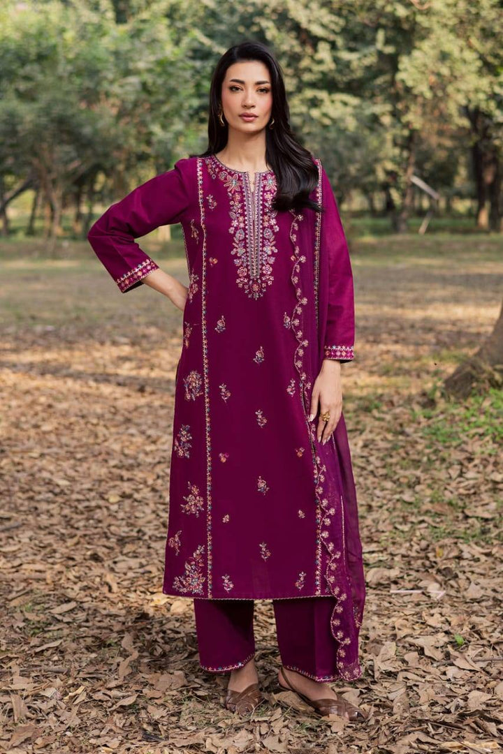 BATIK Sole 3Pc embroidered Khaddar dress in deep magenta with intricate floral patterns, featuring shirt, bottom, and dupatta for women.