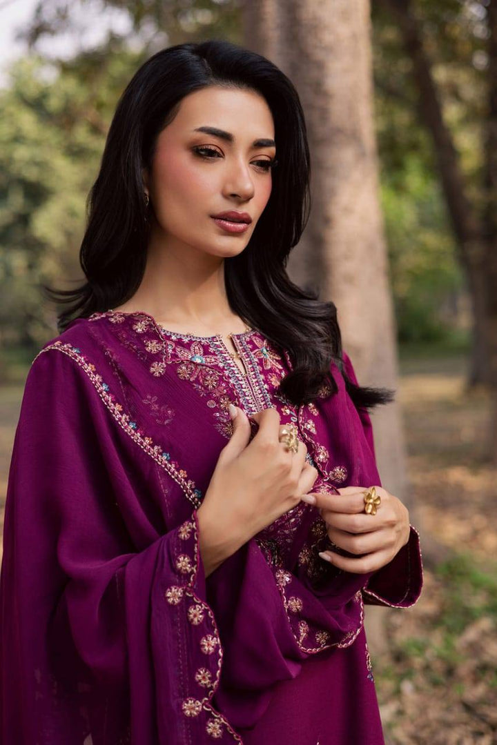 Close-up of BATIK Sole 3Pc Khaddar dress showing detailed embroidery on neckline and dupatta, ideal for elegant winter wear in the USA.