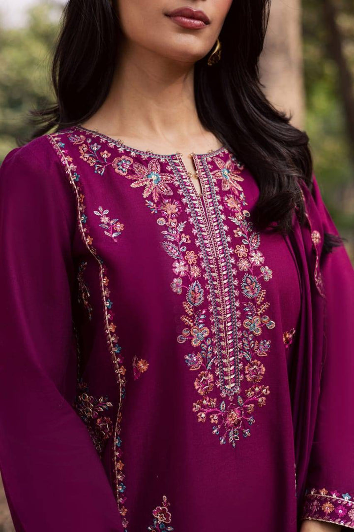 Detailed embroidery on neckline of BATIK Sole 3Pc Khaddar dress, featuring floral motifs and refined stitching for premium ethnic wear.