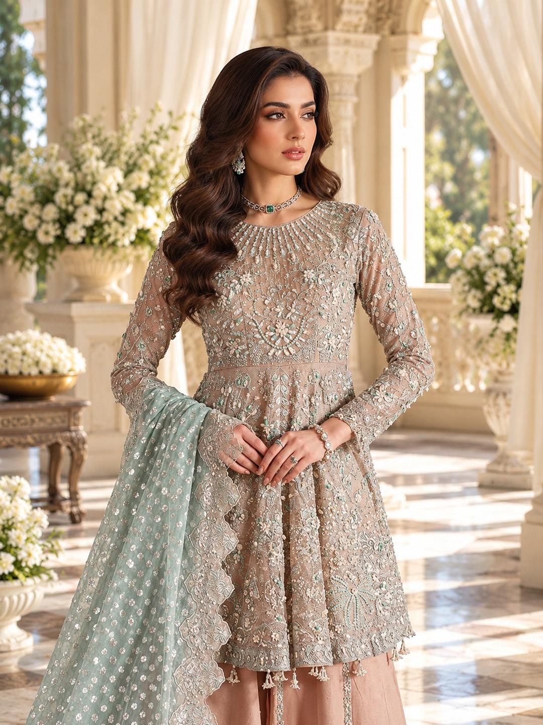 Khadi Net Peplum Dress with Embroidery and Dupatta