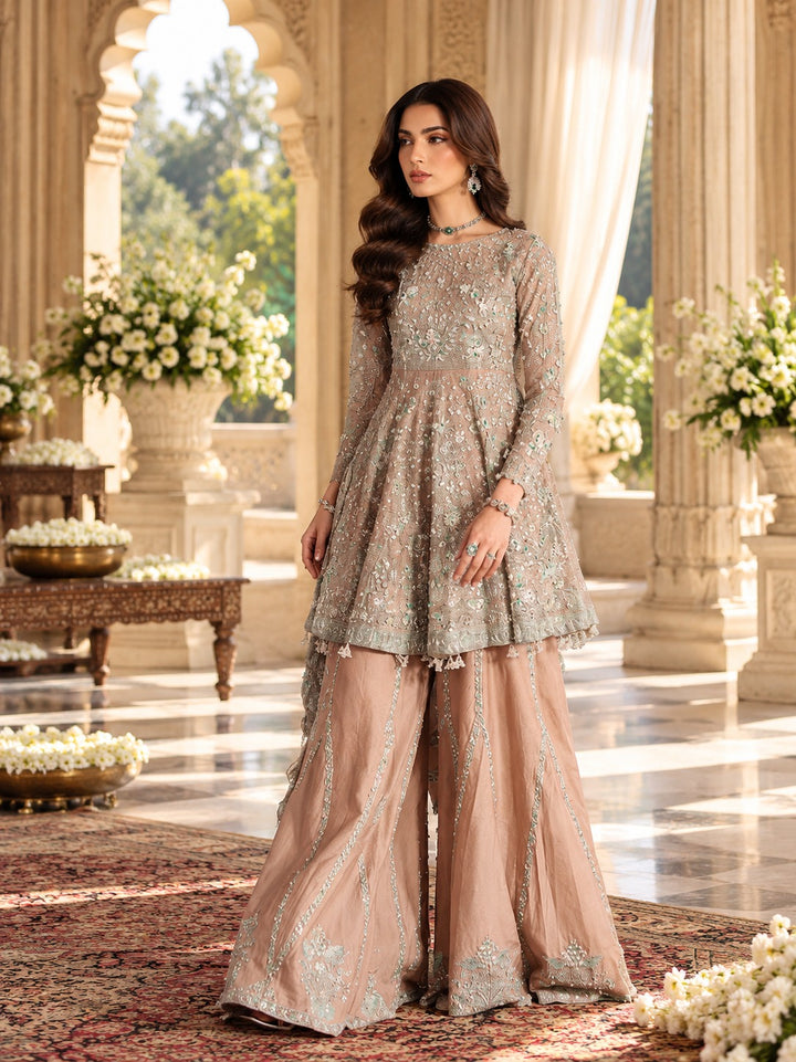 Khadi Net Peplum Dress with Embroidery and Dupatta