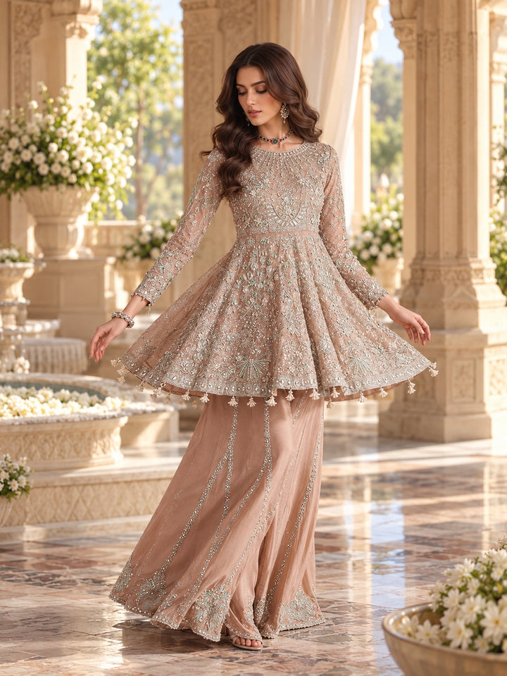 Khadi Net Peplum Dress with Embroidery and Dupatta