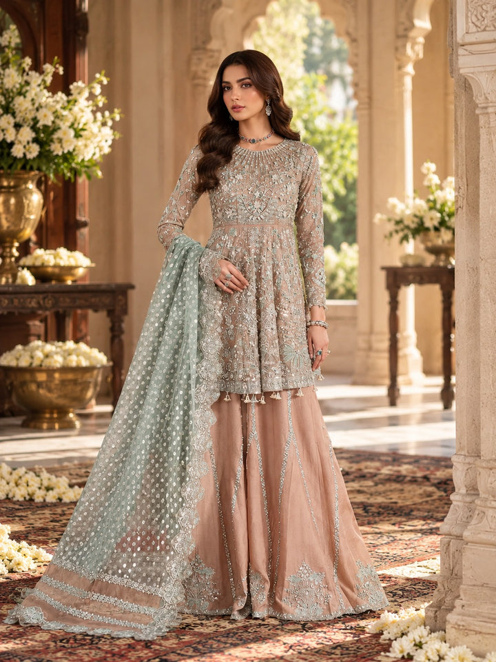 Khadi Net Peplum Dress with Embroidery and Dupatta