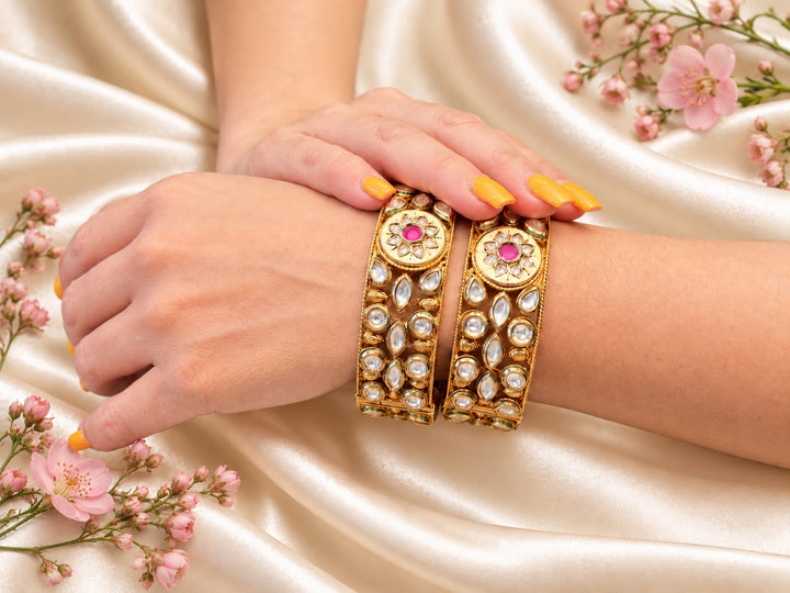 Polki Kundan Bangles with Pink Floral Medallions | GG-01