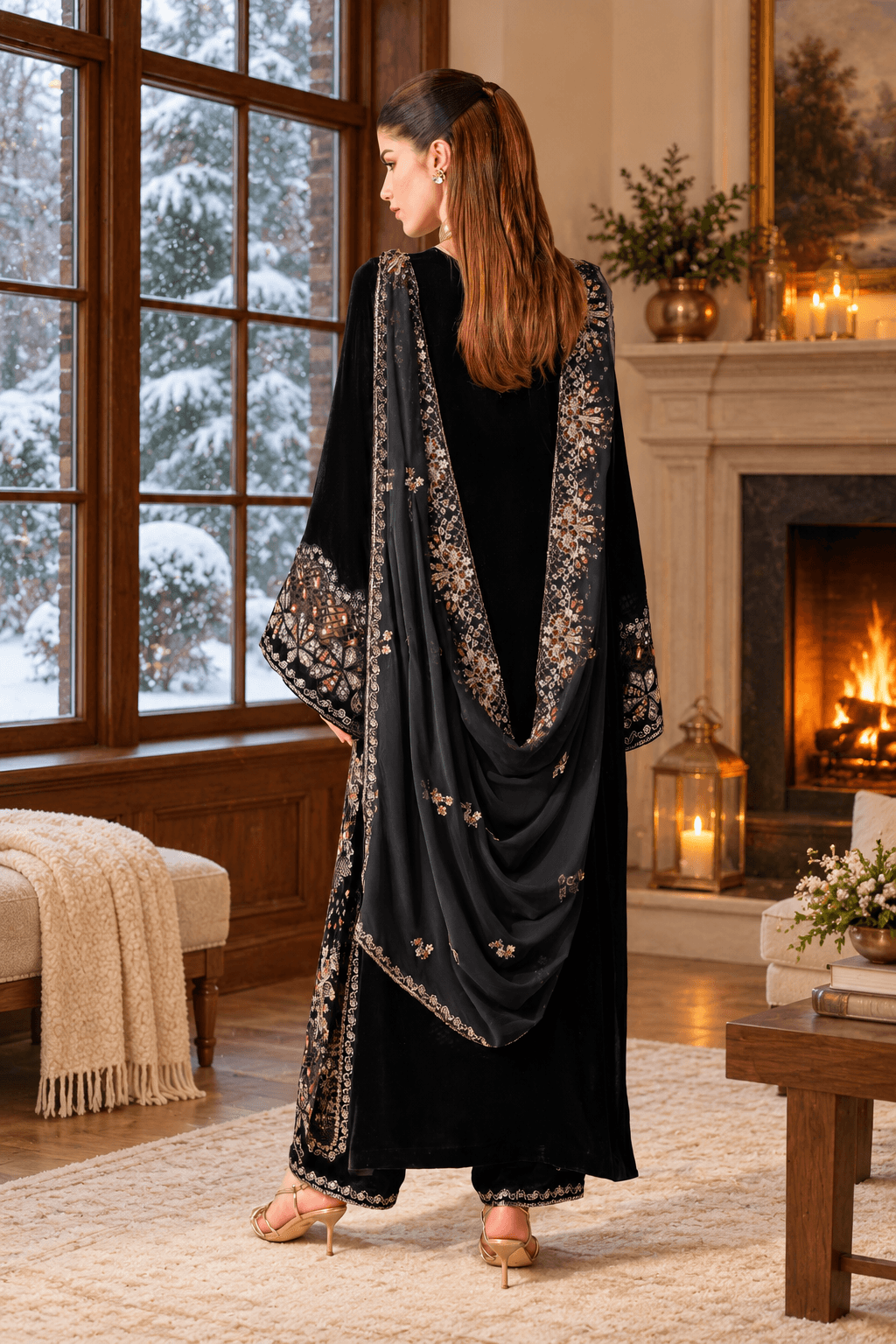 Black Velvet Suit with Dupatta - Sequin Embroidery | HSV05-13