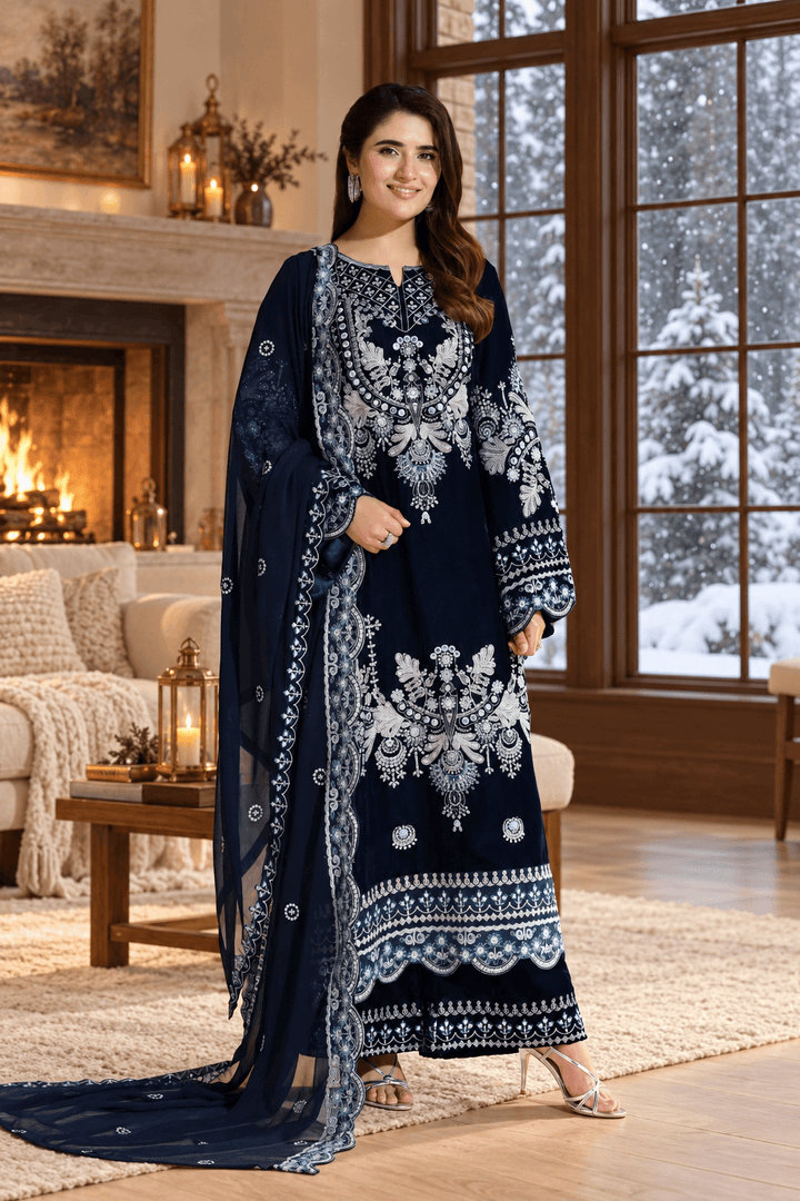 Navy Velvet Suit with Dupatta - Mirror Work | SB-35-13