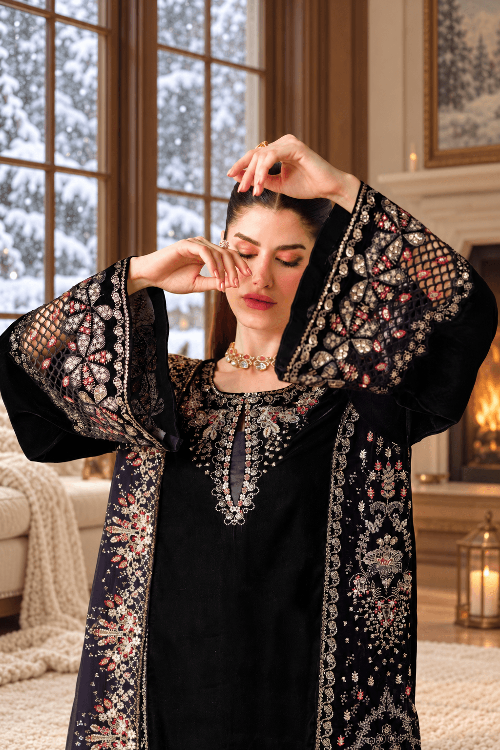 Black Velvet Suit with Dupatta - Sequin Embroidery | HSV05-13
