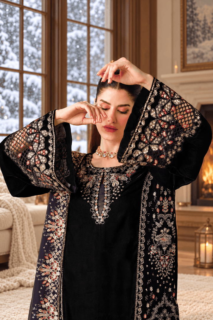 Black Velvet Suit with Dupatta - Sequin Embroidery | HSV05-13