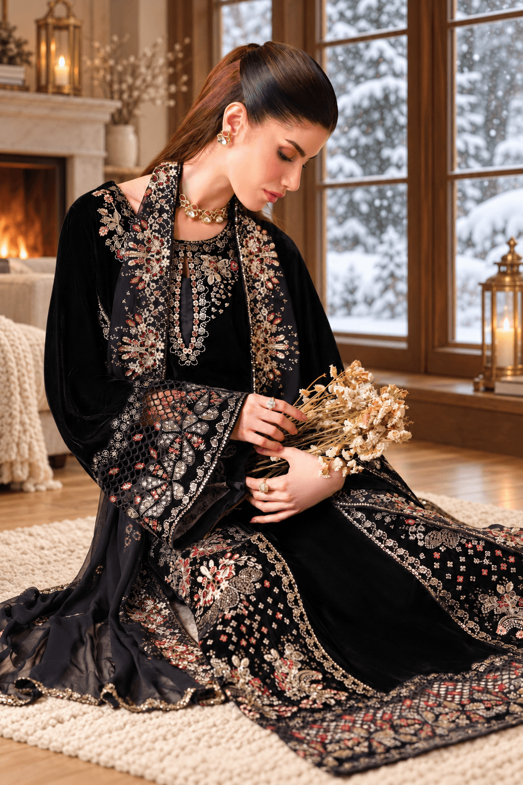 Black Velvet Suit with Dupatta - Sequin Embroidery | HSV05-13