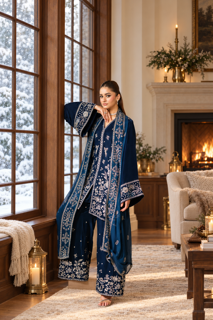 Navy Blue Velvet Suit with Dupatta - 3 Piece | HSV02-13