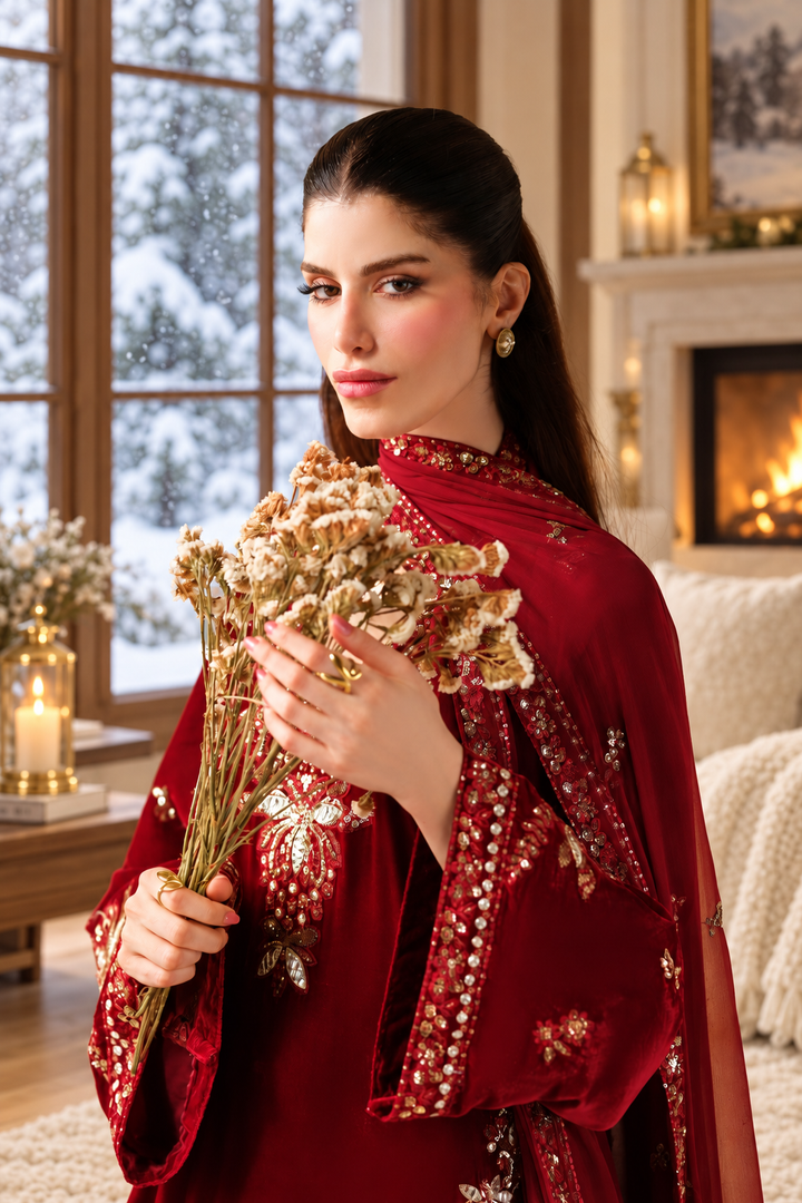 Red Velvet Suit with Dupatta - Sequin Embroidery | D-7-13