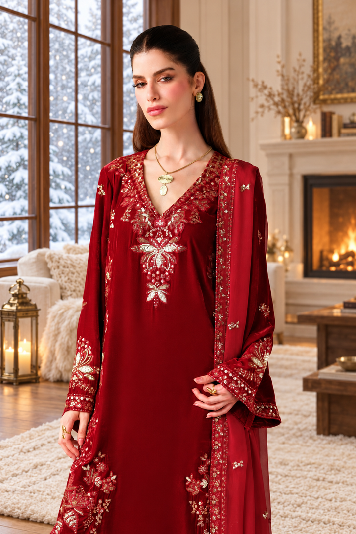 Red Velvet Suit with Dupatta - Sequin Embroidery | D-7-13