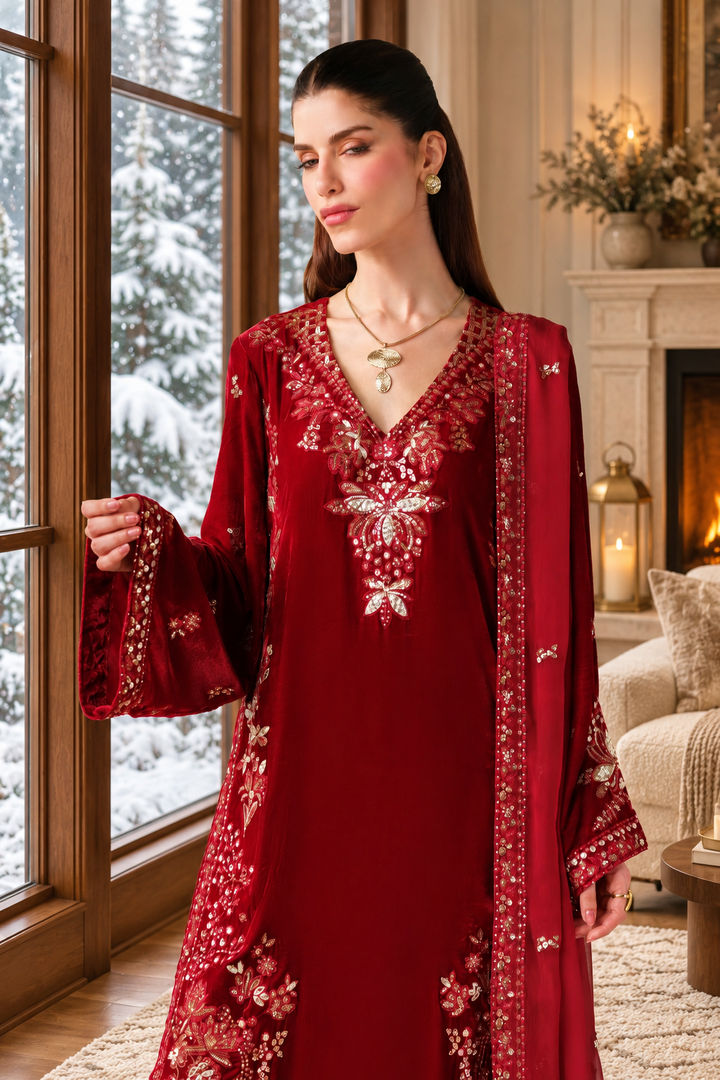 Red Velvet Suit with Dupatta - Sequin Embroidery | D-7-13