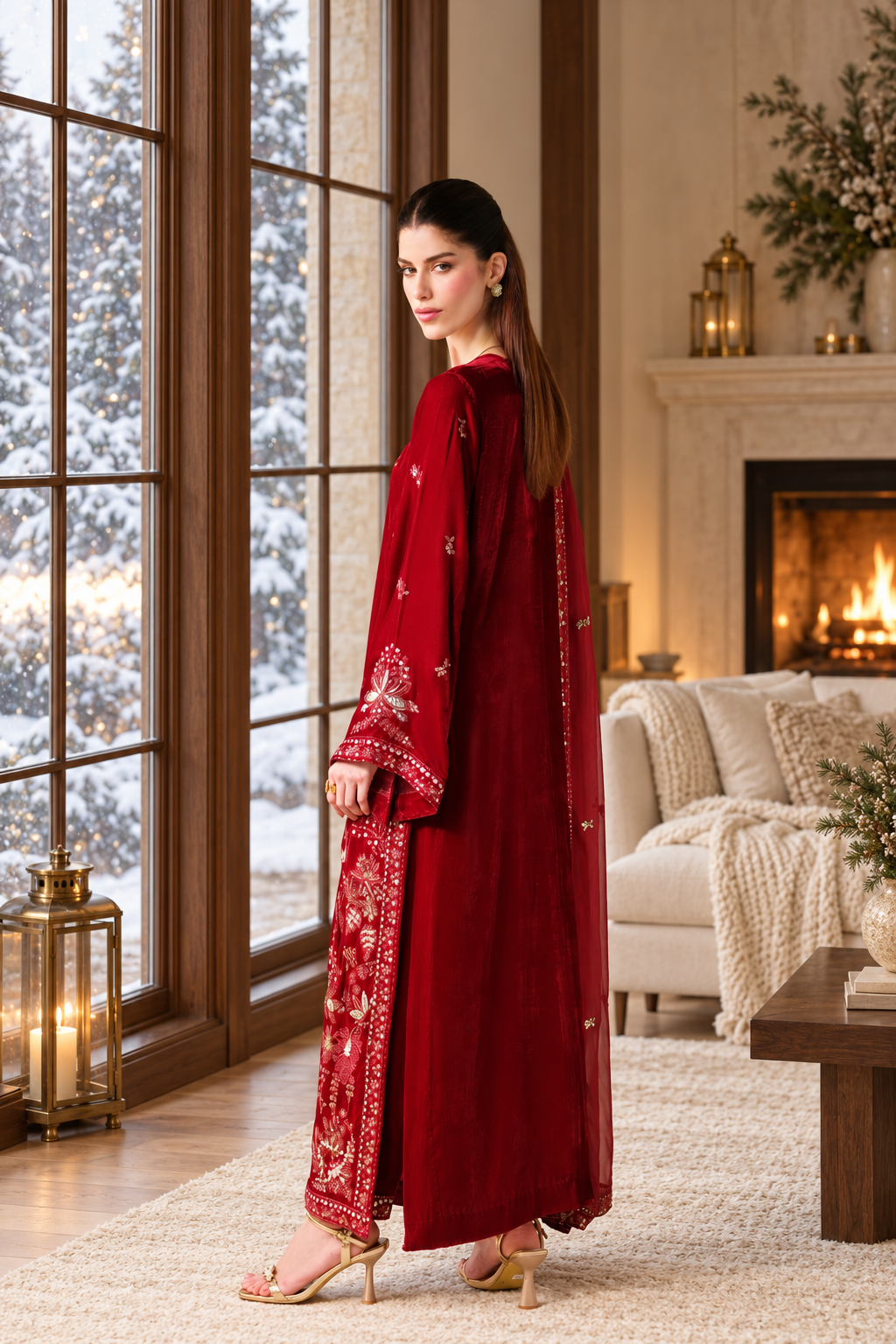 Red Velvet Suit with Dupatta - Sequin Embroidery | D-7-13