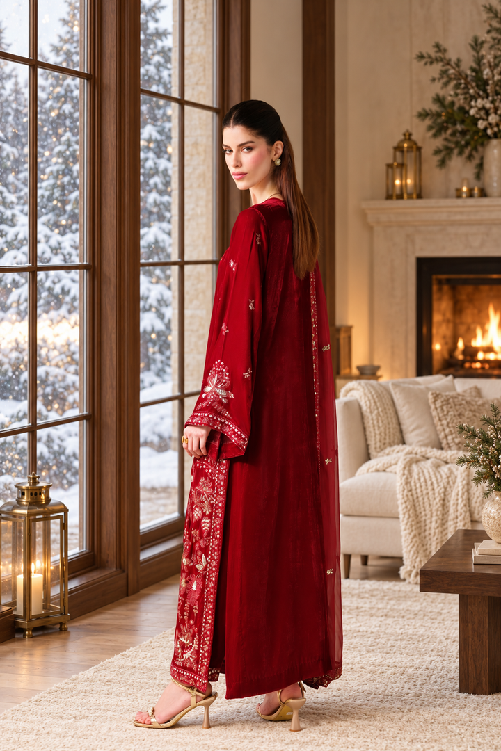 Red Velvet Suit with Dupatta - Sequin Embroidery | D-7-13