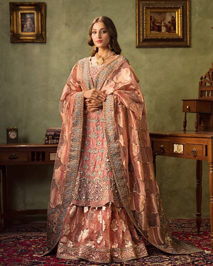 AROOSH Formals Pakistani marriage dress AR-96-270 in blush pink chiffon peplum with embroidered ghararah and net dupatta, styled for weddings.