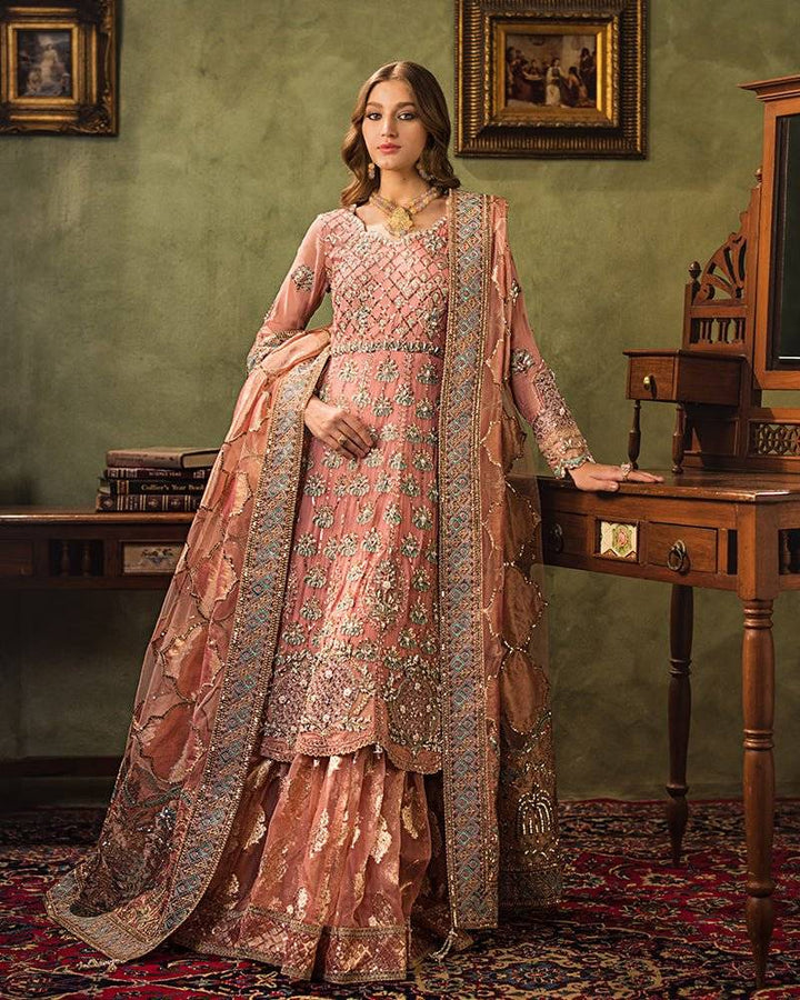 AROOSH Luxury Formals 25 AR-96-270 Pakistani bridal dress with embellished chiffon peplum, flared ghararah, and net dupatta ideal for formal occasions.