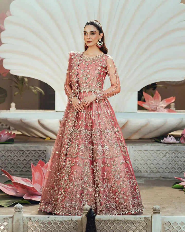 AR-142 ZORA coral pink wedding dress for guest featuring 3D floral embroidery and pearl work on net fabric. Elegant full-length maxi with dupatta.