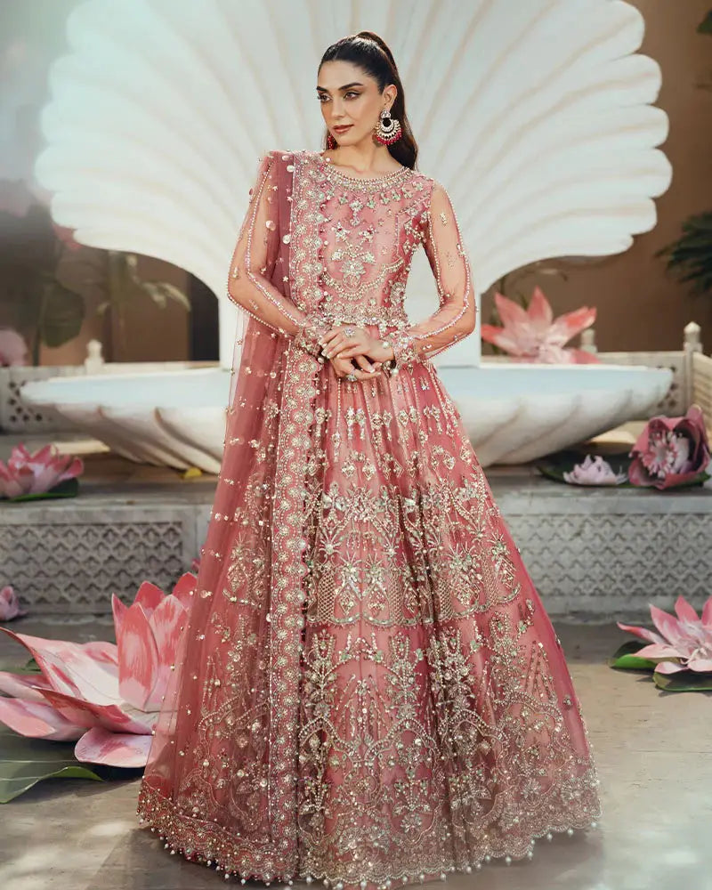 Full view of AR-142 ZORA coral pink 3-piece wedding dress with maxi, pants, and dupatta featuring intricate gold embroidery and pearls.
