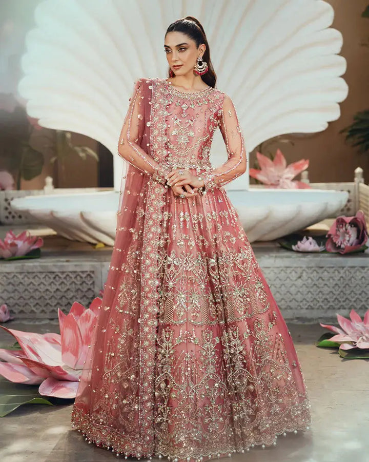 Full view of AR-142 ZORA coral pink 3-piece wedding dress with maxi, pants, and dupatta featuring intricate gold embroidery and pearls.