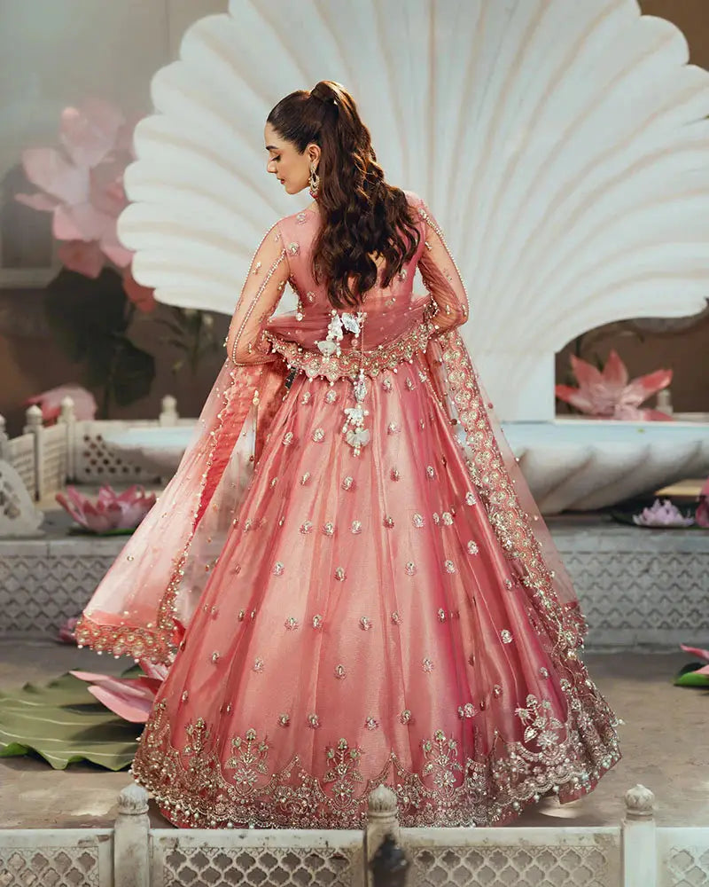 Back view of AR-142 ZORA coral pink maxi set with intricate embroidery and pearl embellishments, ideal for wedding guest attire.