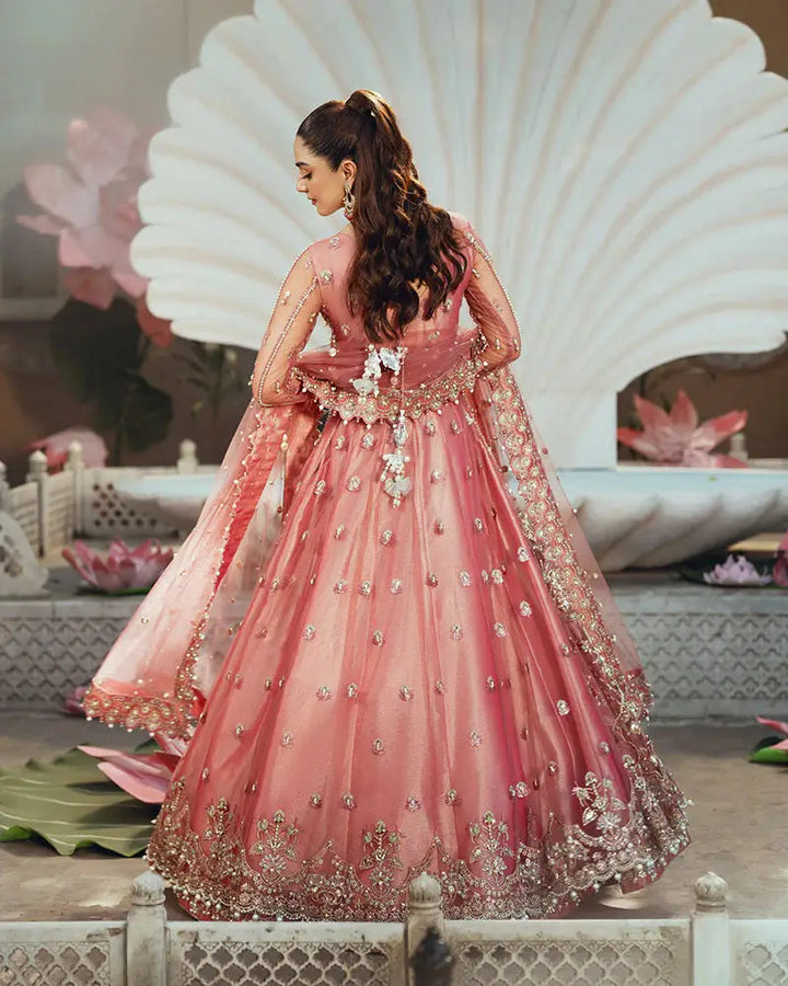 Back view of AR-142 ZORA coral pink maxi set with intricate embroidery and pearl embellishments, ideal for wedding guest attire.