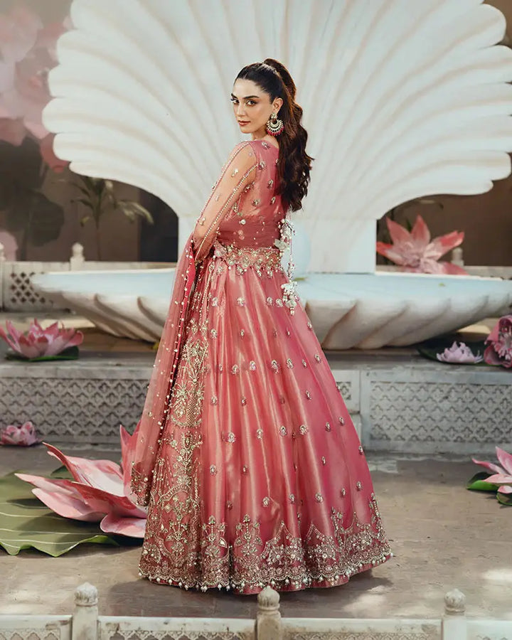 AR-142 ZORA wedding dress in coral pink with detailed back embroidery and flowing dupatta, perfect for festive or bridal events.