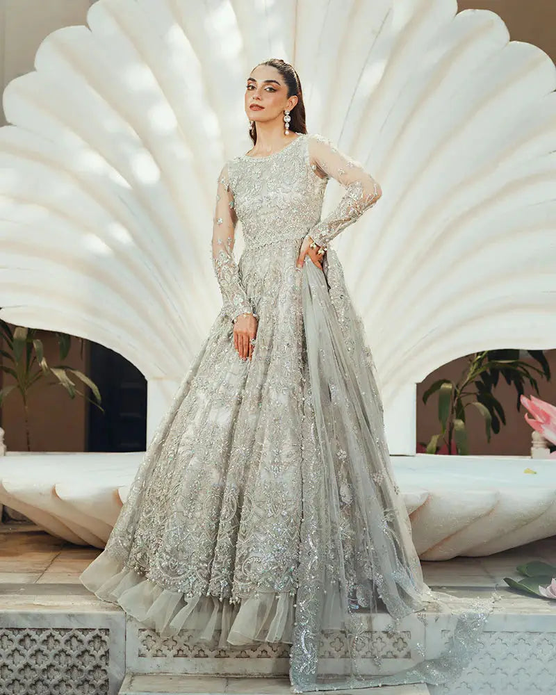 Formal Wear Crystal AR-138 Pakistani wedding dress in grey net and organza with intricate adda work, featuring shirt, pants, and dupatta.