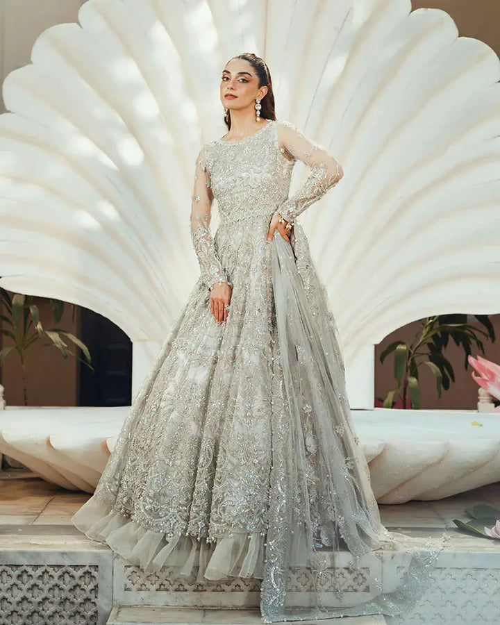 Formal Wear Crystal AR-138 Pakistani wedding dress in grey net and organza with intricate adda work, featuring shirt, pants, and dupatta.