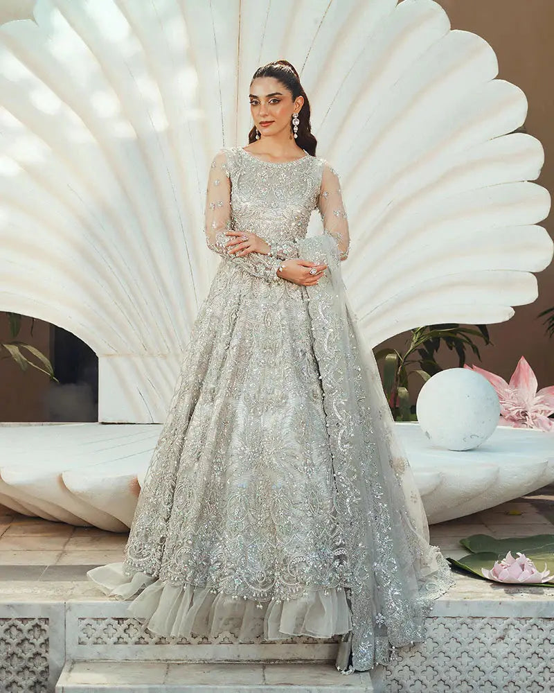 Elegant grey Formal Wear Crystal AR-138 3-piece Pakistani wedding dress with shimmering adda work, ideal for festive and bridal occasions.
