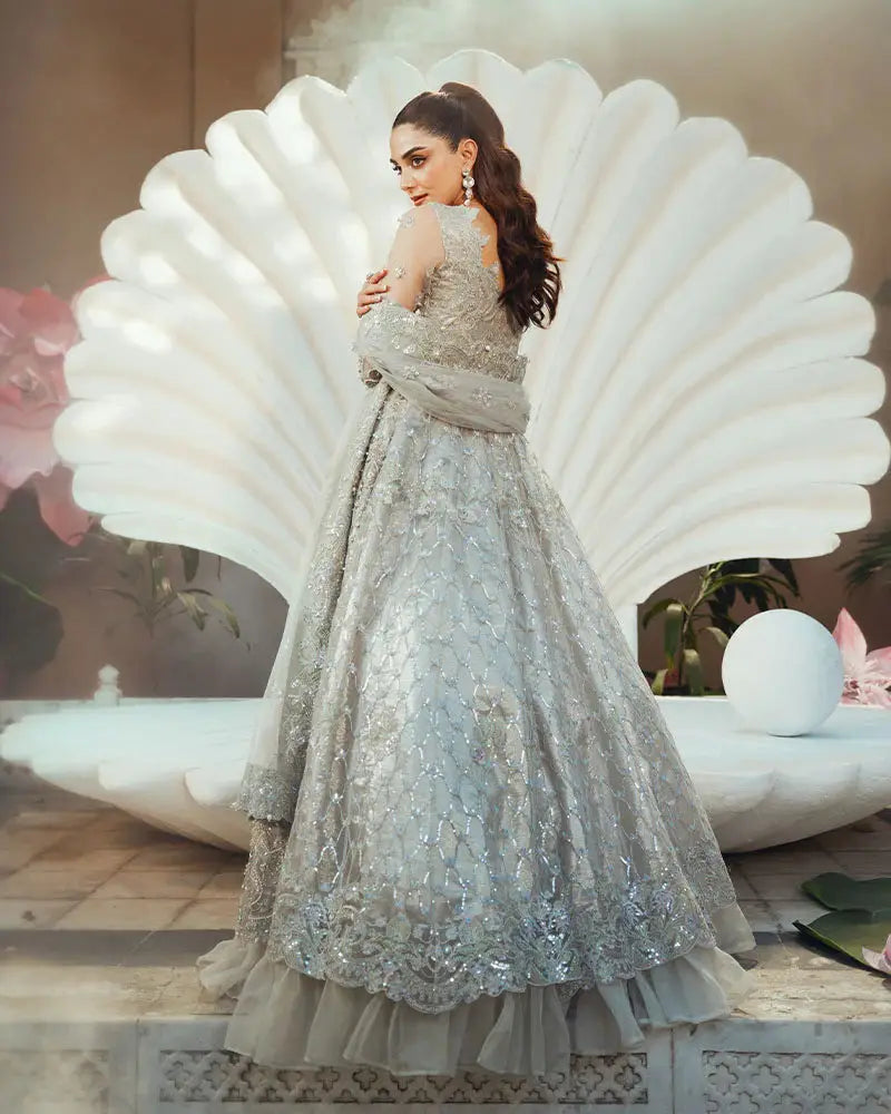 Back view of Formal Wear Crystal AR-138 Pakistani wedding dress showing detailed adda embroidery and layered net dupatta.