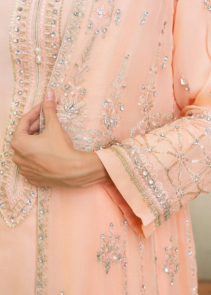 Close-up of peach Pakistan gown dress sleeve with gold embellishments and fine detailing, ideal for festive wear.