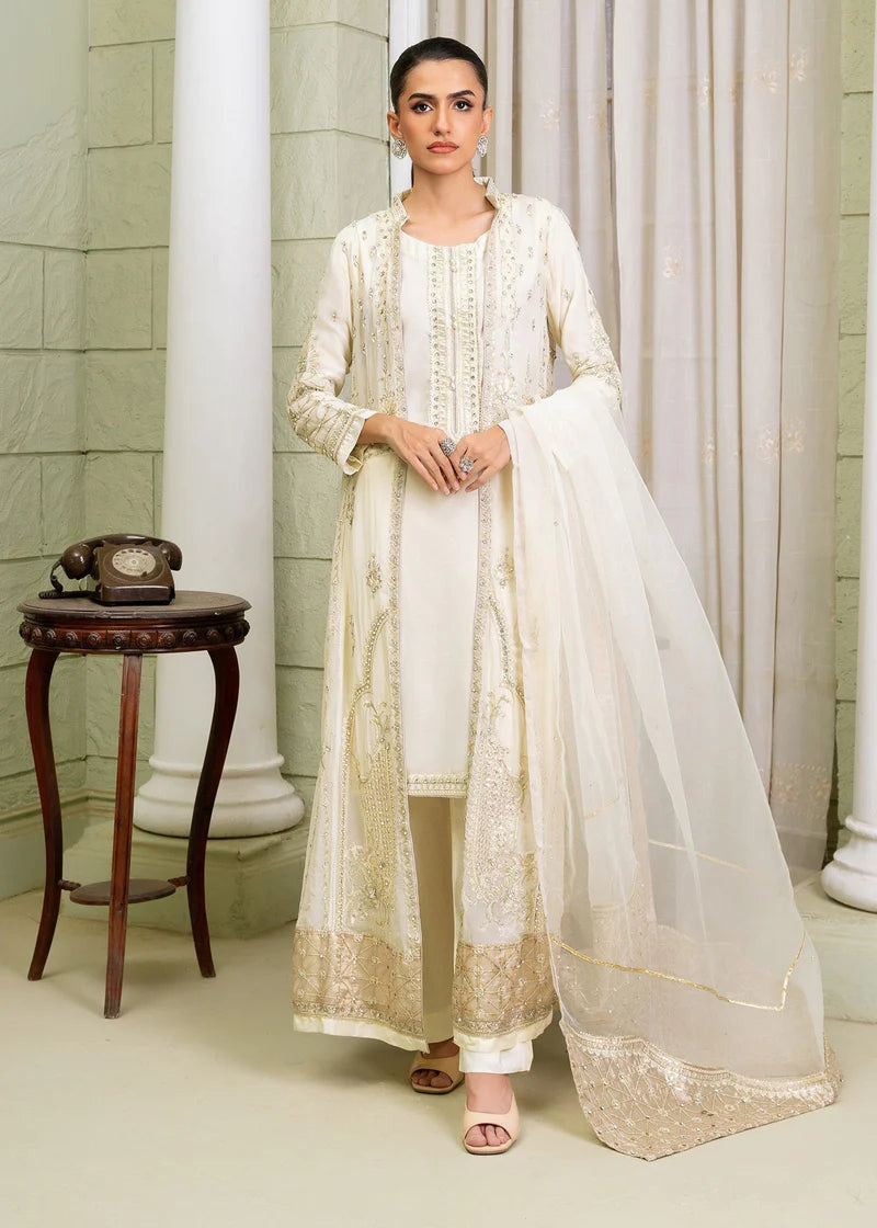 Off-white embroidered gown with sheer dupatta