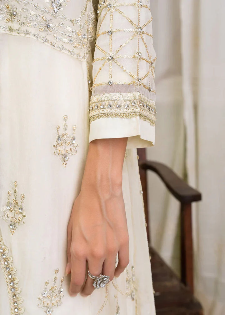 Detailed sleeve embroidery on ivory Pakistan gown dress for women, showcasing elegant craftsmanship and premium fabric finish.