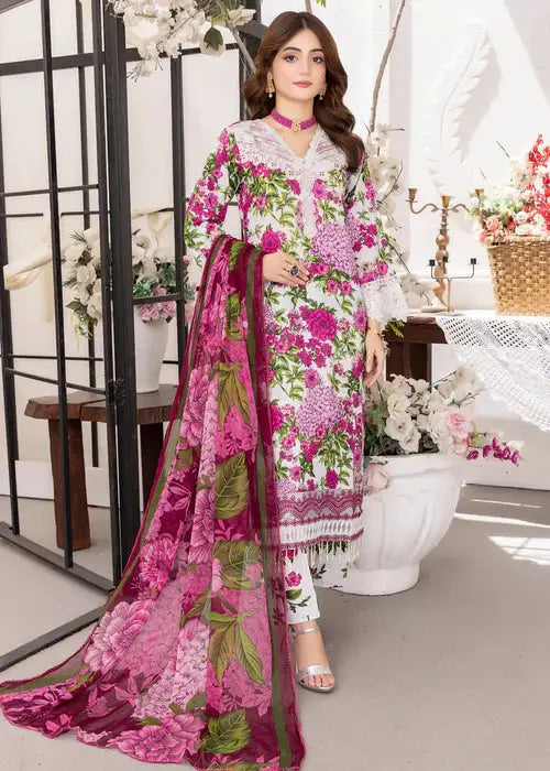 Pakistani Eid dress from the Rangreza Nayab Lawn Collection, a 3-piece set with floral prints in pink and white, featuring a lace-detailed kurta, matching trousers, and a vibrant dupatta.